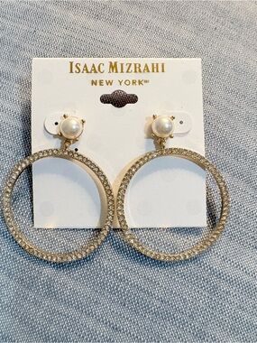 Isaac Mizrahi Gold Pearl & Crystal Hoop Drop Earrings